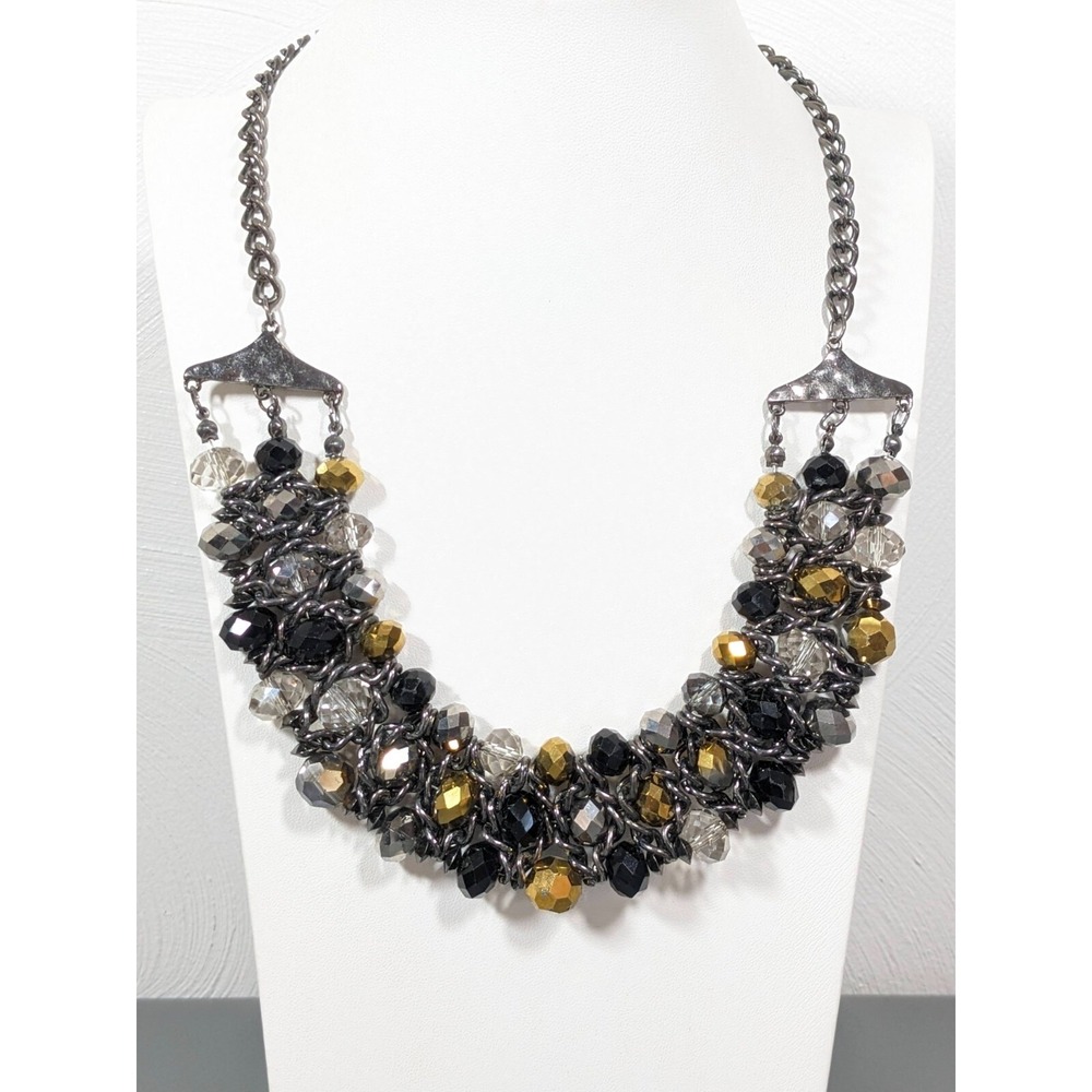 Gunmetal Gray Black Gold Glass Bead Woven Bib Statement Necklace 19"